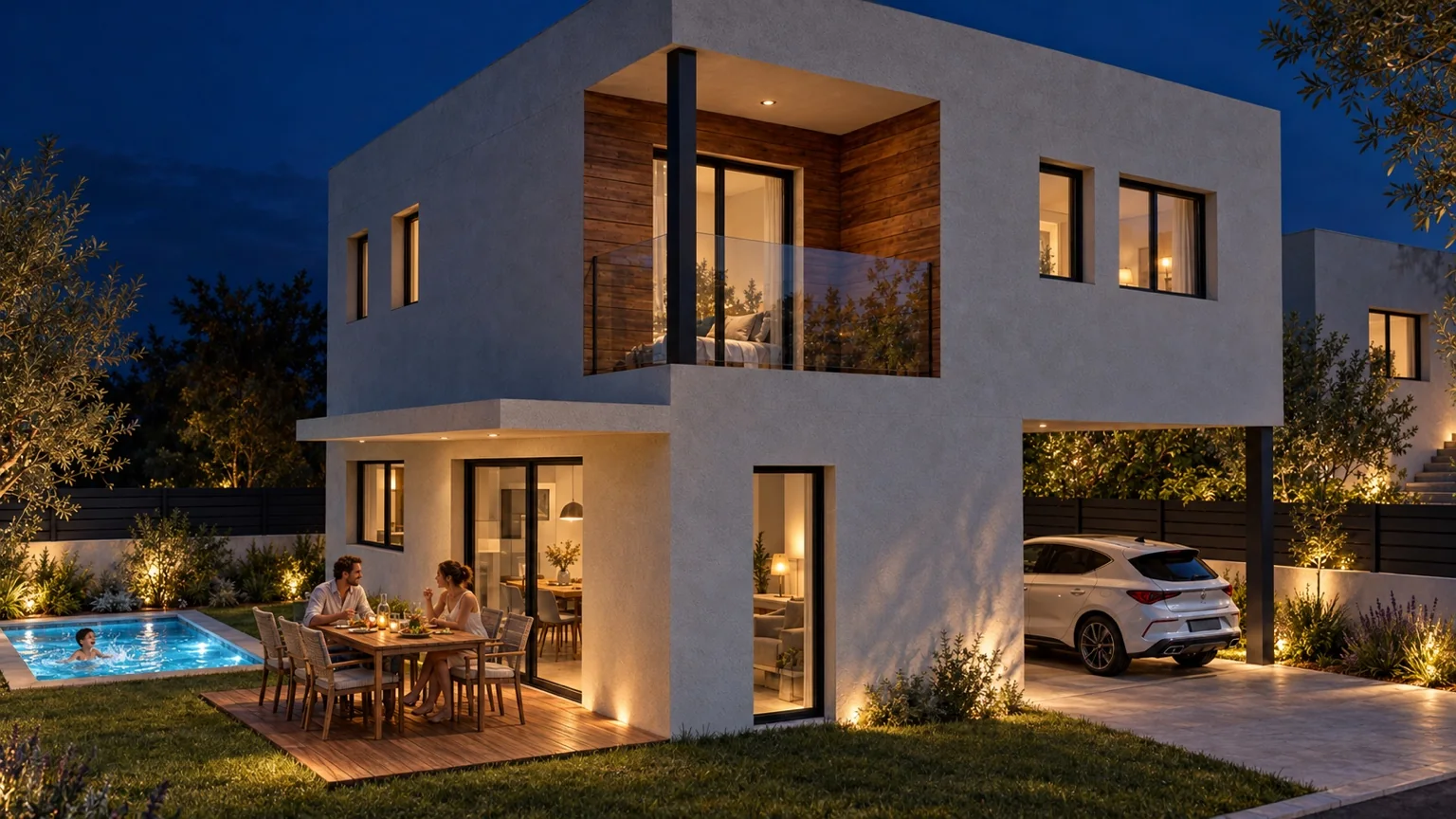 Fachada de la vivienda iluminada al anochecer