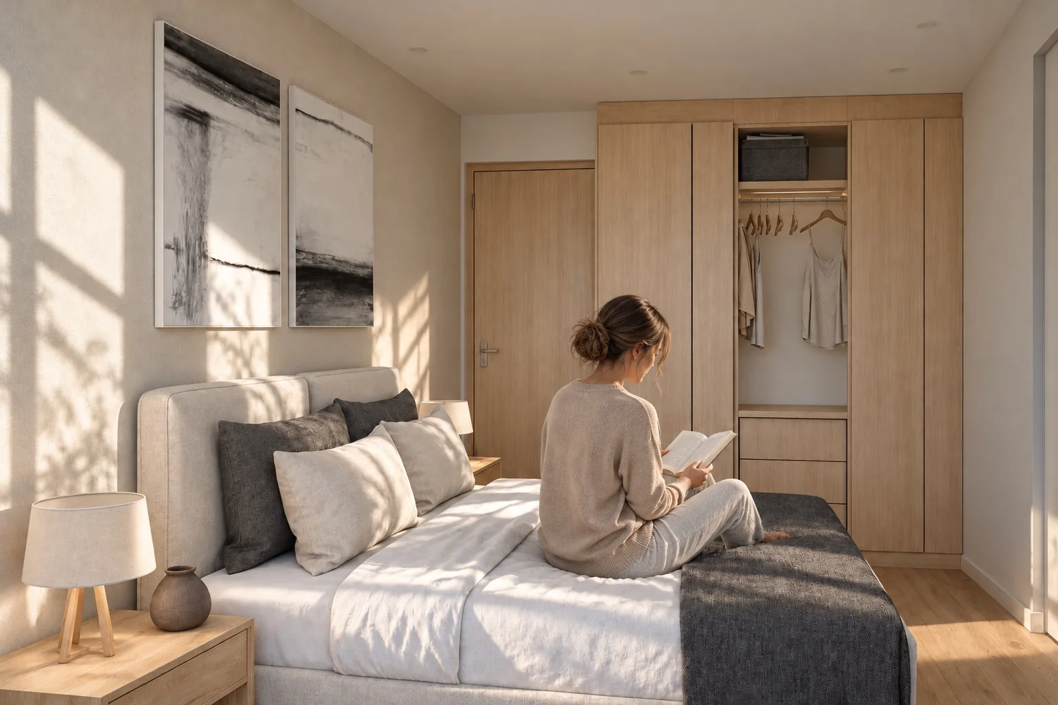 Dormitorio con tonos naturales y luz de día