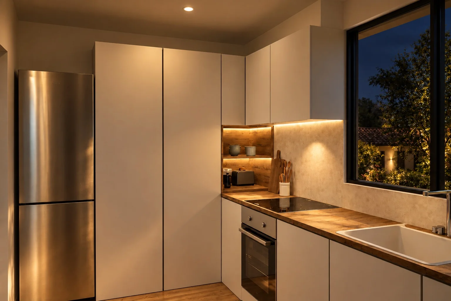 Cocina con iluminación cálida al anochecer