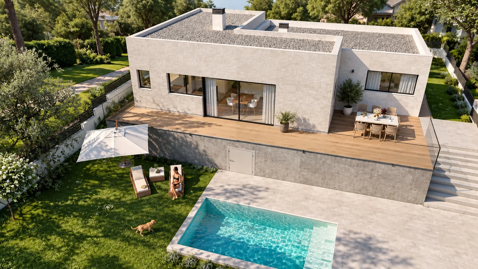 Vista general de la vivienda, la terraza y la piscina
