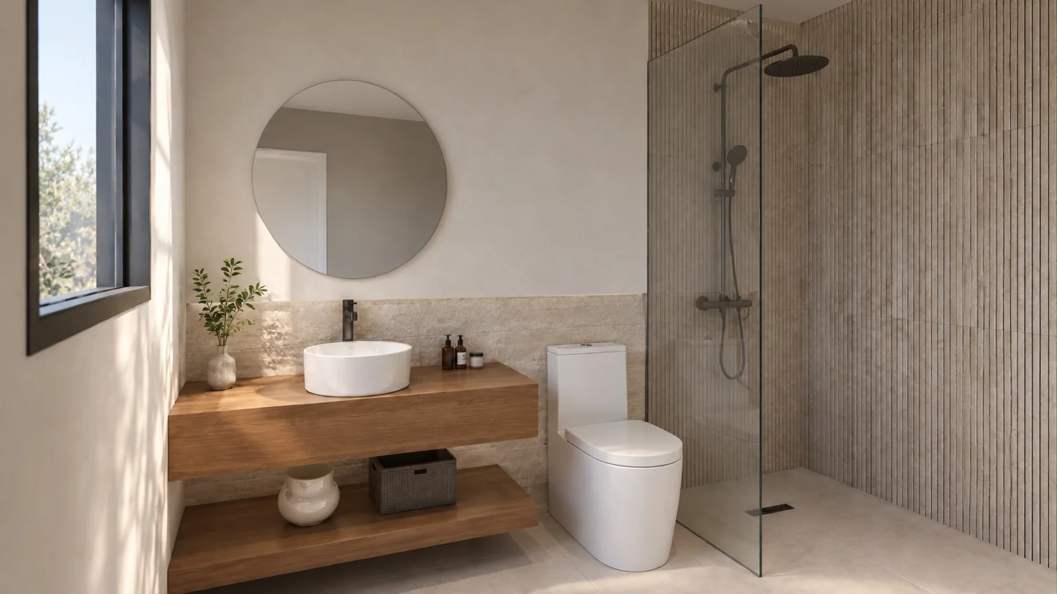Baño de líneas sencillas y materiales cálidos
